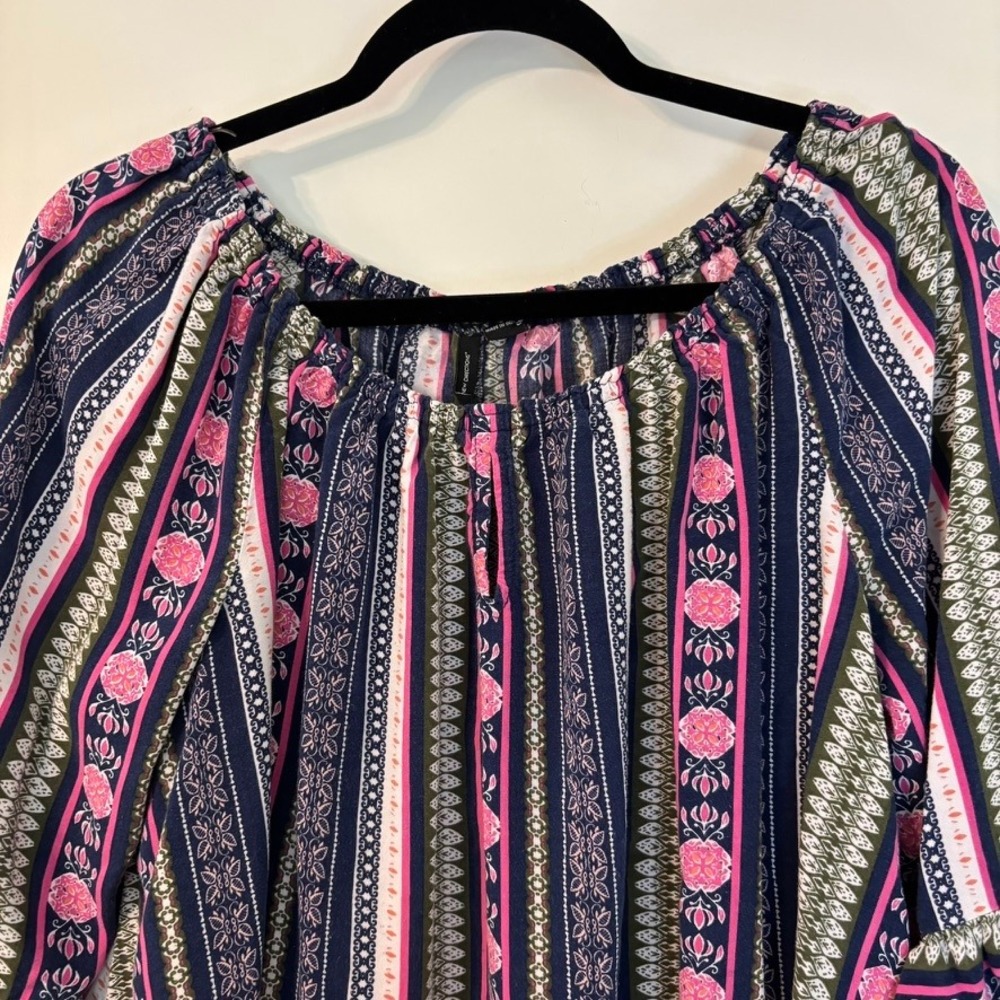 New Directions Boho Floral‎ Stripe Bell Sleeve Blouse Navy Pink Olive L